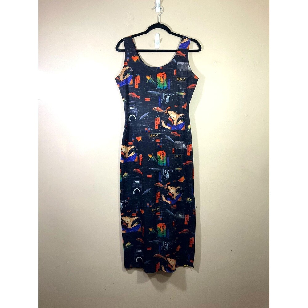 Vintage No Boundaries Japanese Themed Maxi Dress 6 Black Y2K Grunge Goth Indie